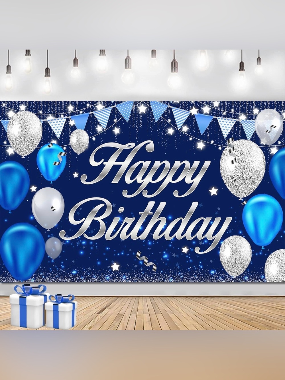 Giant Happy Birthday Banner/ Blue Sliver /Indoor Outdoor 83"x191" (16'x7')